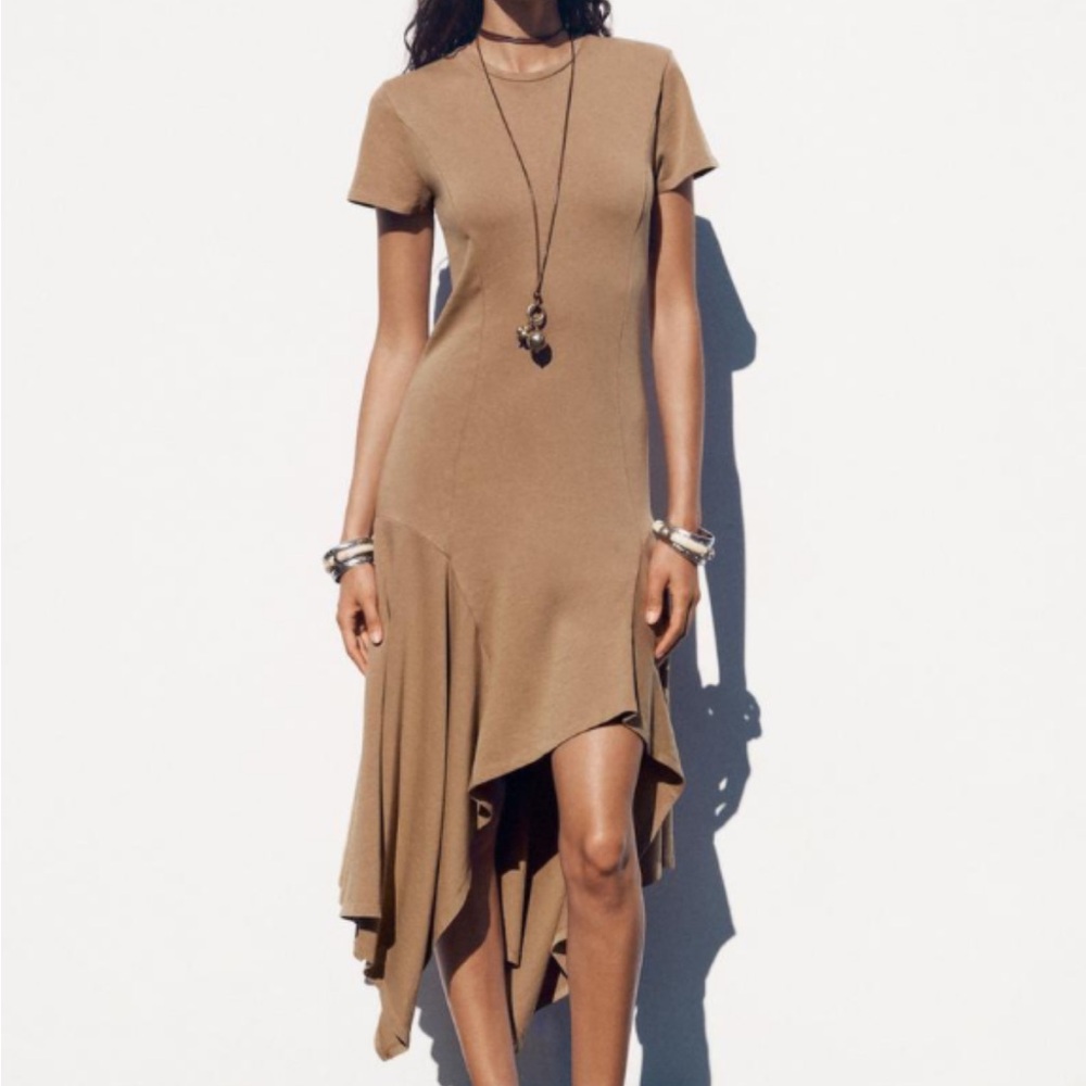 NWT Zara Washed Effect Tan Asymmetric Midi Dress | size S